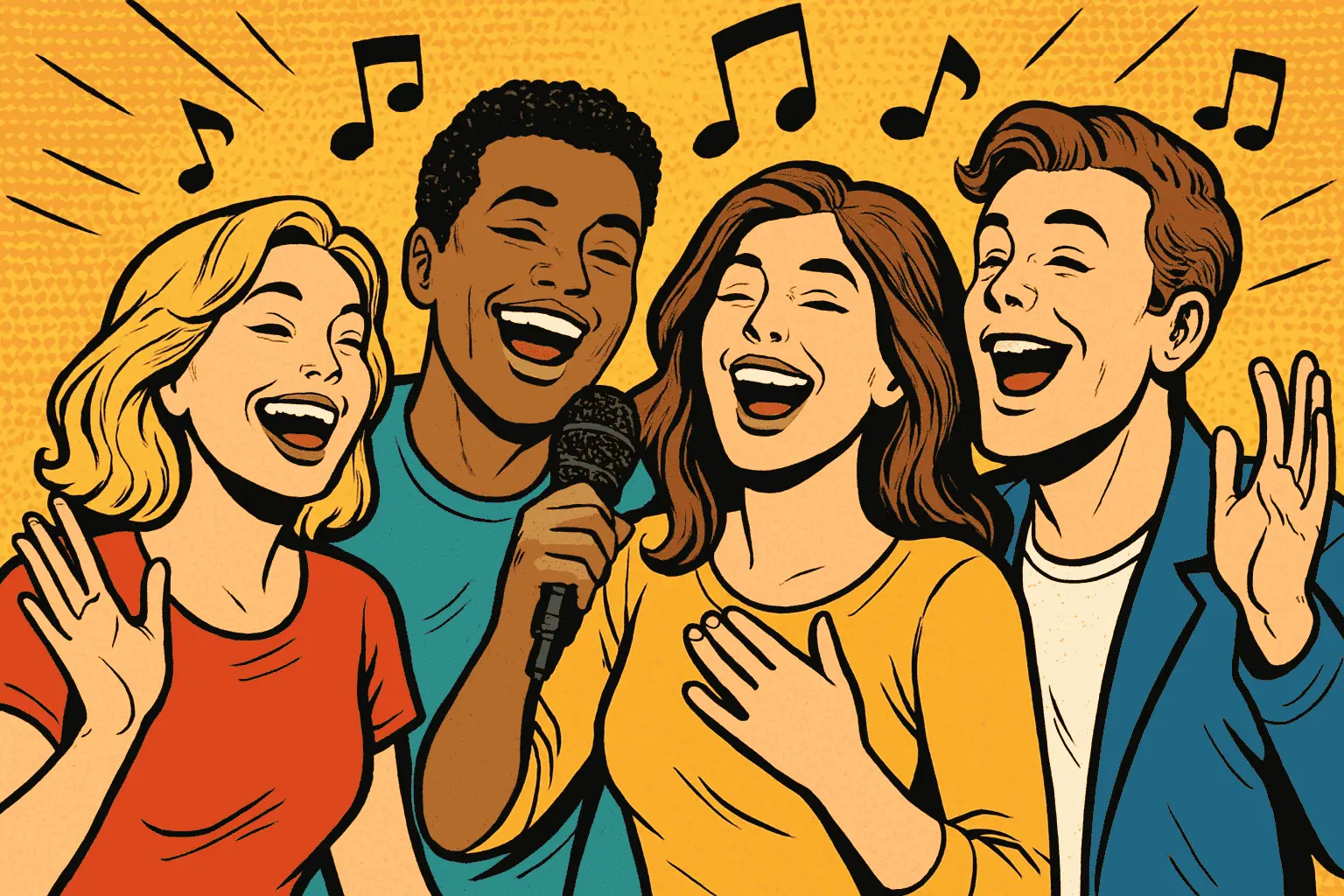 Comichaftes Bild von Fröhlichen singenden Menschen